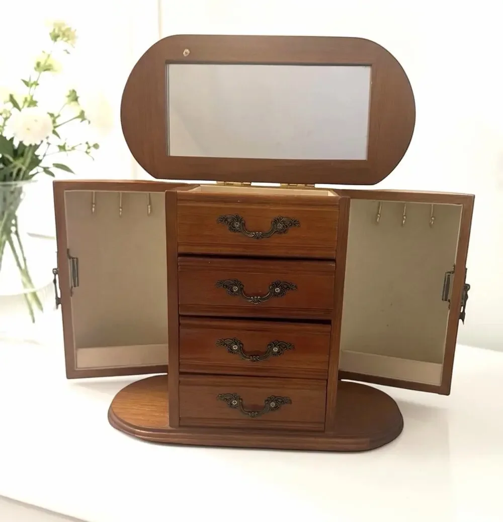 Vintage Wooden Jewelry Box Mirror Ring Necklace Bracelet Earring Organizer 3708C